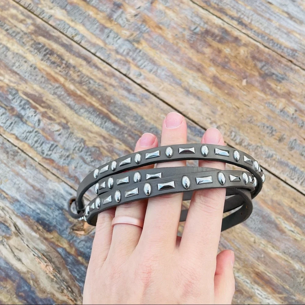 Free People Leather Taupe Silver Studded Narrow Skinny Skinny Long Belt